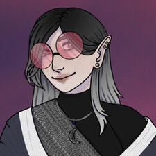 A pale, smiling woman with long black hair that fades to pale grey. Her ears are elf-life and elongated at the top, with one earlobe and two upper cartilage piercings. She wears the following; a silver waning moon necklace; a pair of large, round sunglasse